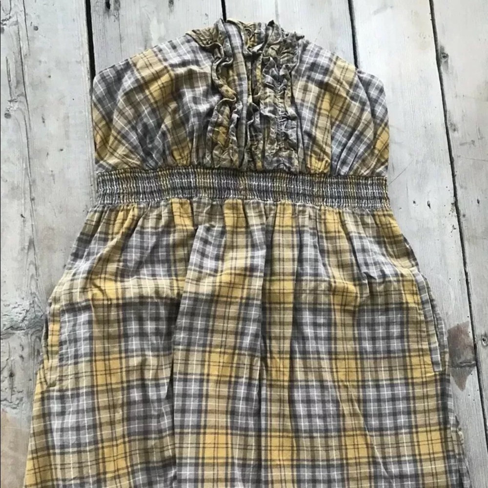 Anthro Maeve Mustard Plaid Strapless Ruffle Dress